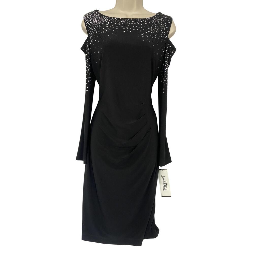 Joseph Ribkoff Dress Size 12 Black Cutout Shoulder Studded Cocktail Formal LBD